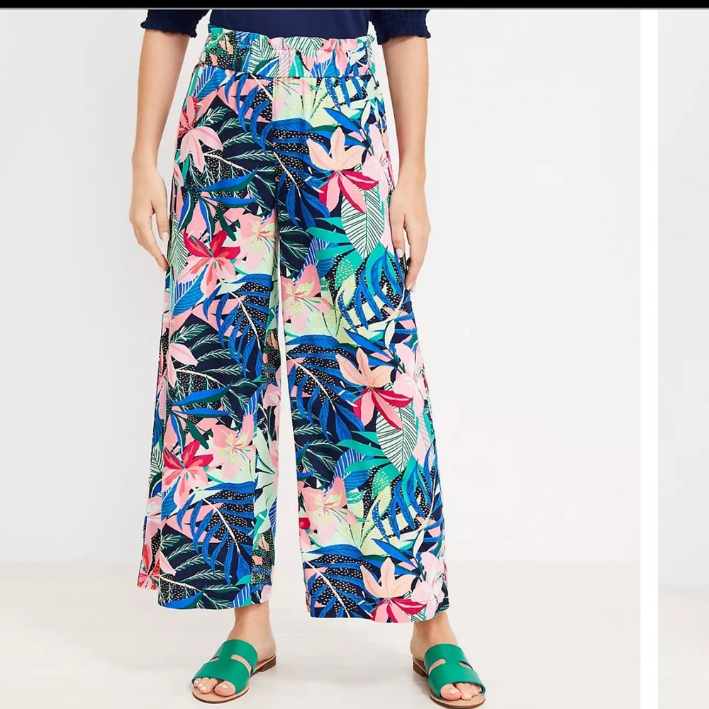 Loft Fluid Wide-Leg Crop Pants in Palm Linen Blend Size Small